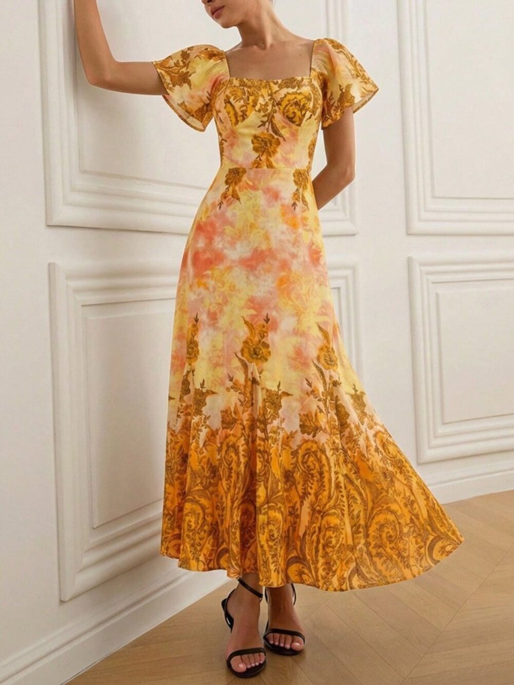 Orange Elegant Women's Floral Print Cap Sleeve Flared Hem Dress - Picture 7 of 7